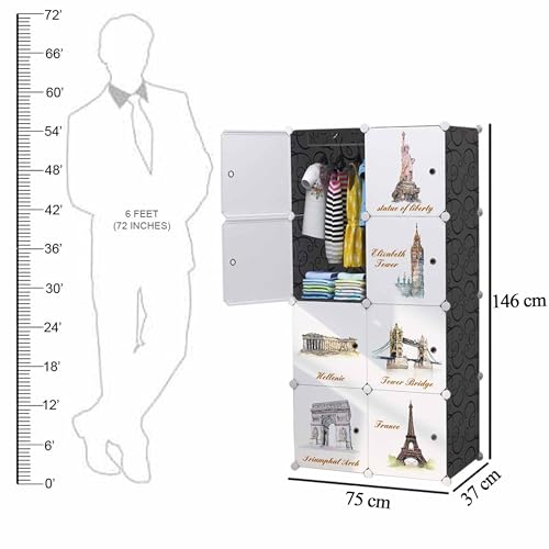 Image of AYSIS Almirah for Clothes, Plastic Soft Sheet Collapsible Wardrobe for Kids Toys /Books, Baby Cupboard Storage in Bedroom Nursery, Cartoon (Black, 8-Shelf-8-Door)