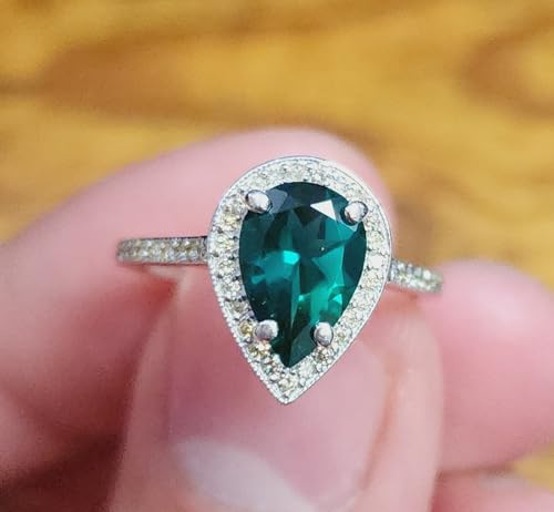 Galaxy Gold GG Stunning 1.69 Carat Total Weight 14K Solid White Gold Emerald and Natural Diamond Halo Ring Brilliant Pear Cut Tear Drop Shape Round Diamonds Anniversary Engagement Promise Ring4