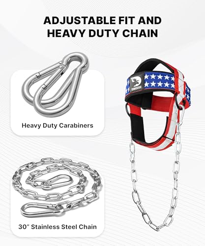 Image of DMoose Fitness Neck Harness for Weight Lifting, Resistance Training, or Injury Recovery with Long Steel Chain, Improve Muscle Strength (American, with Support Strap)
