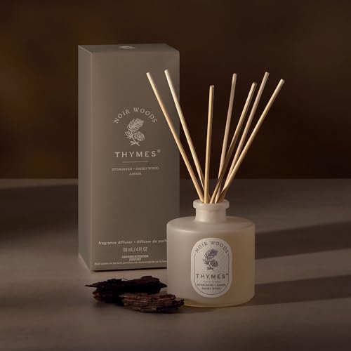 Thymes Petite Oil Reed Diffuser Set – Includes Reeds, Fragrance Oil & Glass Bottle – Luxury Scent Diffusers for Home Decor – Notes of Fresh Evergreen, Smoky Wood & Golden Amber (Noir Woods, 4 fl oz) by Thymes - Image 2
