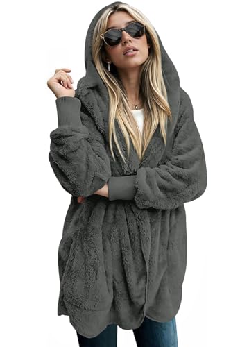 Image of LONGYUAN Women Fuzzy Coats Fleece Jackets Loose Hooded Sweater Elastic Open Front Cardigans with Pockets M-Grey X-L