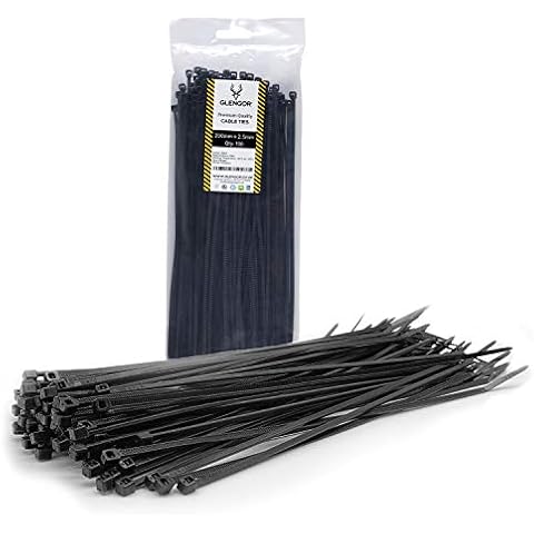 Glengor Black Cable Ties - Pack of 100 | 200 x 2.5mm | Multi-Purpose Plastic Heavy Duty Zip Wrap | Thin, Easy to Use, Security Cable Ties for Home, Garden, Office, DIY, Industrial, Events & Tool Kit Cover