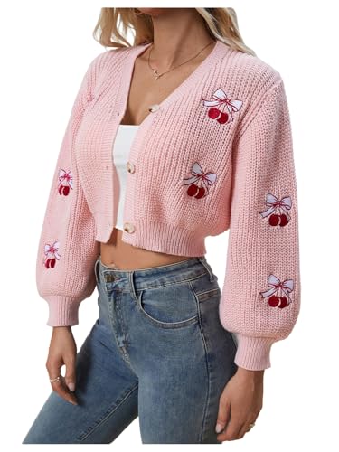 WDIRARA Women's Strawberry Embroidery Crop Cardigan Drop Shoulder WDIRARA Women's Strawberry Embroidery Crop Cardigan Drop Shoulder