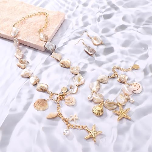 Image of Coiris Natural Seashell Choker Necklaces Earrings Jewelry Set for Women Starfish Shell Freshwater Pearl Collar Necklaces for Women Irregular Mother of Pearl Jewelry Set
