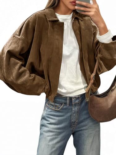 Image of Cicy Bell Womens Faux Suede Bomber Jackets Oversized Cropped Zip Up Lapel Coats Fall Casual Outerwears
