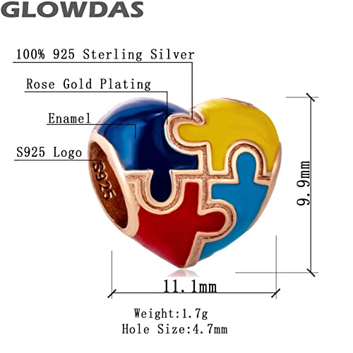Rose Gold Autism Awareness Charms fit Pandora First Mothers Day Bracelet, 925 Sterling Silver Colorful Puzzle Pieces Enamel Heart Autistic Beads, Gift for Son/Daughter/Cousin2