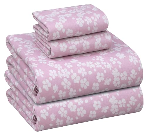RUVANTI Flannel Sheets Queen Size - 100% Cotton Double Brushed Bed Sheets, Deep Pockets 16 Inches Queen Sheet Set, All Seasons Breathable & Extra Soft - Warm & Cozy, 4 Piece, Pink Flora