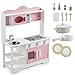 Produktbild Juskys Kinderküche Jona - Spielküche mit Zubehör - Holz Spielzeug, Küche für Kinder - Wasserhahn & Küchenspüle - Holzküche, Spielzeugküche - Weiß Rosa