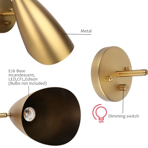 Image of Pathson Modern Wall Sconce with Dimmer Switch, Brass Metal Wall Lamp Lighting, Adjustable Light Angle, E26 Bulb Base Reading Lighting for Wall Painting Bedroom Hallway Living Room Dining Room