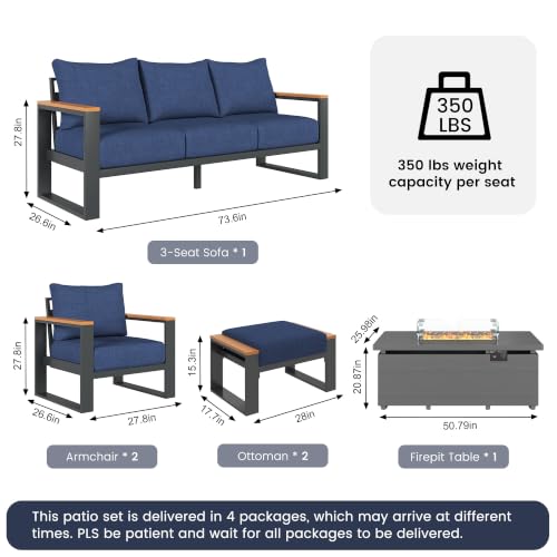 Image of Sundale Outdoor Aluminum Patio Furniture Set, 6 Piece Outdoor Conversation Sets with Fire Pit and 6 inch Thick Olefin Cushions, All Weather Outdoor Sectional Set for Deck, Lawn, Yard