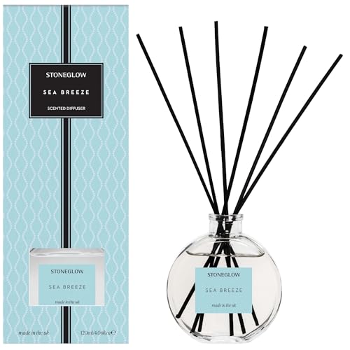 Image of Stoneglow The Signature Collection Sea Breeze Scented Reed Diffuser 120ml - Marine, Sage & Patchouli Notes, Lasts 10 Weeks, 12 Rattan Reed Diffuser Sticks, Refillable & Reusable, Premium Air Freshener
