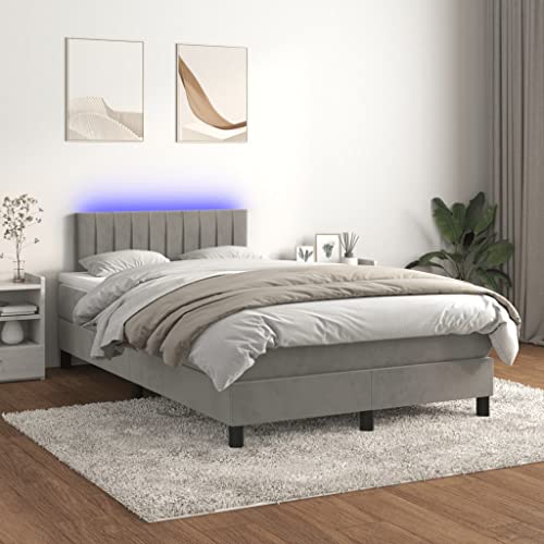 Frdhee Boxspring, letto a molle con materasso e LED grigio chiaro, 120 x 200 cm, in velluto, materiale in legno, per materasso, camera da letto, montaggio facile
