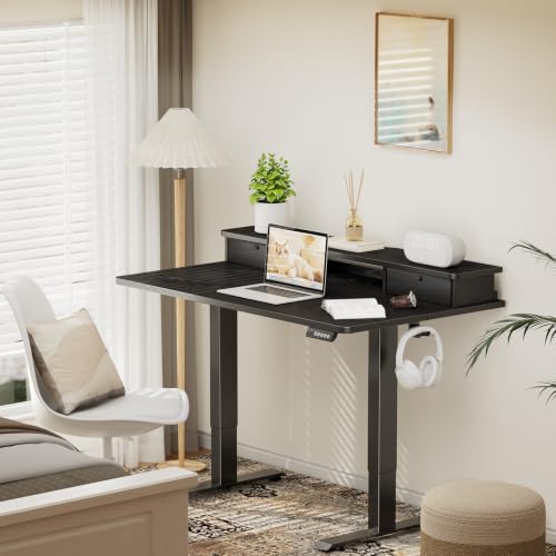 Image of Veken 47x28 in Electric Standing Desk with Drawers, Adjustable Table, Black | Stand up Computer Desk for Home Office, Work & Study, with Storage, 3 Memory Presets, Cable Organizer, Hook, and Quiet Lift.