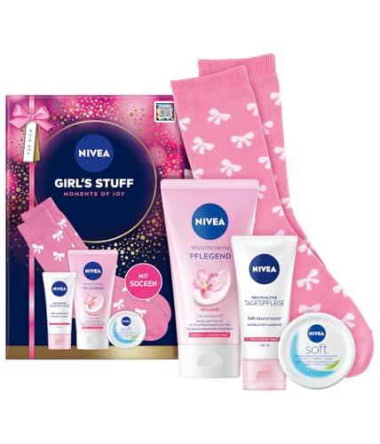 NIVEA Girl's Stuff Moments of Joy Geschenkset, Hautpflege-Set mit Waschcreme, Soft Feuchtigkeitscreme, Tagespflege und Schleifen-Socken, Pflegeset für Trockene und Sensible Haut