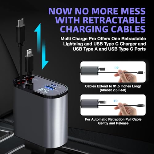 Image of 120W Fast Car Charger (2025 New Model) | Retractable 80CM Type-C Cable | 4-Port Universal Car Adapter for Smartphones & Tablets | Quick Charge Multi-Device Car Charger