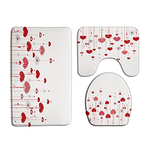 VPUPCN Valentine's Day 3 Pcs Bath Rugs Set,Red Heart Sweet Love Romantic Couple Lover Modern Creative Bathroom Kitchen Rug with 17.8