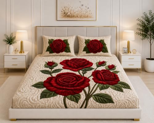 Image of 7D Digital Printed King Size Bedsheet | 240TC Premium Cotton Feel Microfiber with 2 Pillow Covers | Soft Breathable & Wrinkle Free Bedding Set | (RedRose, King Size-90x100 Inch)