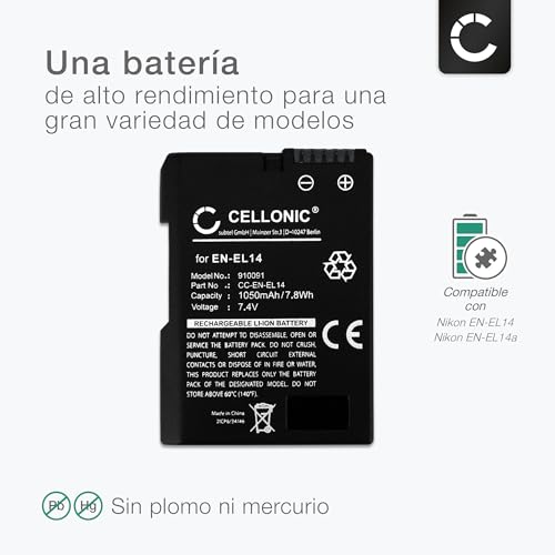 Ficha técnica Batería CELLONIC EN-EL14 EN-EL14a Compatible con Nikon D3300 D5200 D5600 D3500 D5300 D3100 D3200 D5100 D3400 DF Coolpix P7000 EN-EL14 EN-EL14a 1050mAh - Fernando Cortés