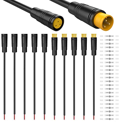 Xiatiaosann 5 pares de cables de extensión impermeables para bicicletas eléctricas Julet con conector de 3 pines - Cable de enchufe hembra y macho de 20 cm con 20 piezas de tubo termorretráctil