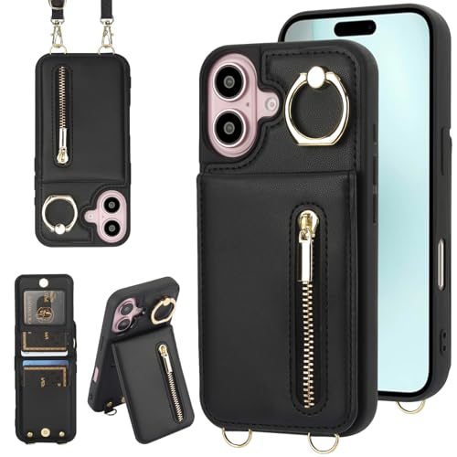 Jcxtrombulous Crossbody Wallet Case for iPhone 17 with Lanyard Strap Card Slot Holder RFID Blocking 360° Ring Kickstand,Magnetic Flip Folio Zipper Purse Case, PU Leather Cover Handbag,Black