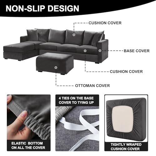 SYLC Samt Couch überzug L Form Sofabezug Ecksofa, Sofa Cover L Shape Stretch Mit Sitzkissen Rückenlehne, Universal Sofaüberwurf Waschbar (Dark Gray,Sofabezug 90-140cm)