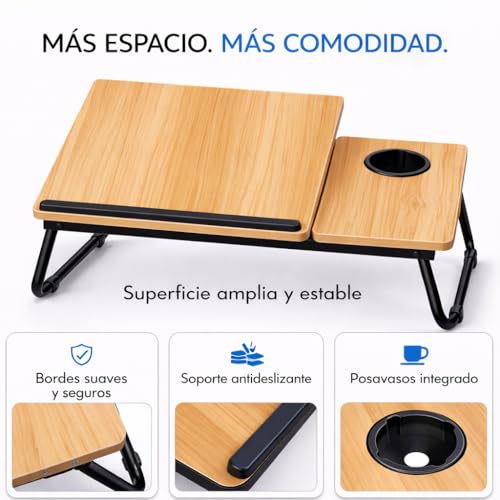 Miniatura 4 de Mesa Reclinable Para Cama Y Sofá, Bandeja Plegable Con Portavasos, Ideal Para Ordenador Portátil Y Libros, Con Cinco Alturas, Mesita Auxiliar Multiusos De Mdf, Acero Y Plástico