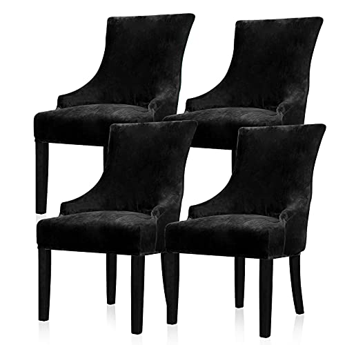 Lellen Velvet Stretch Wingback Chair Cover Slipcover – Reusable Arm Chair Protector Cover for Dining Room Banquet Home Decor etc Machine Washable Hand Washable (Black, 4pcs)