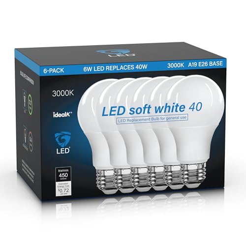 LED Light Bulbs 3000K Soft White 40 Watt Equivalent 6W A19 450LM E26 Standard Base Non-Dimmable Soft White Bulbs for Kitchen Bathroom Home Office 6-Pack