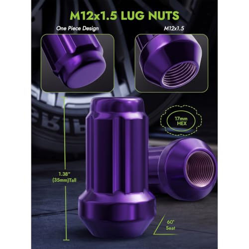Image of AUTOPTIM M12x1.5 Spline Lug Nuts - 20Pcs Purple Closed End Nuts with Socket | Replacement for Honda Accord CRV Civic Pilot Chevy Impala Malibu Acura, 6 Point Conical Seat Aftermarket Wheel Tire Nuts