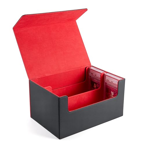 PSA BGS鑑定カード収納ケース 最大80枚収納可能 スクリューダウン 保管用2列ストレージボックス マグネット開閉式 ローダー デッキケース 大容量 PU レザー (黒内装赤)