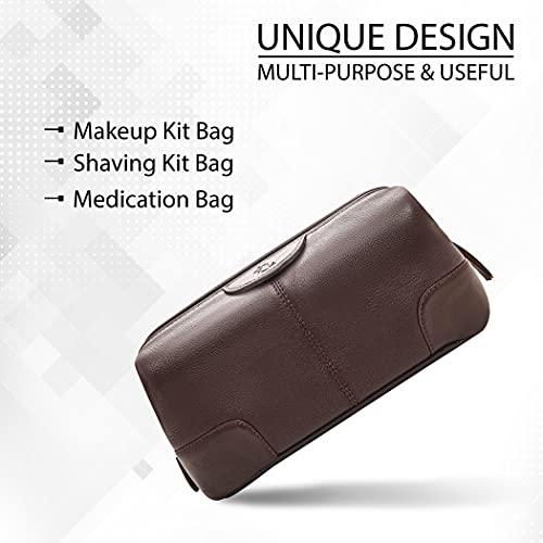 Image of Kara Obama Tan Leather Toiletry Bag for Men & Women | Multipurpose Travel Organizer Pouch | Shaving Kit Bag | Makeup Cosmetic Pouch | Waterproof Toiletries Kit for Travel