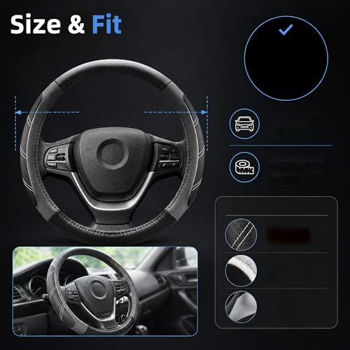 Image of Elantrip Leather Large Steering Wheel Cover 14 1 /2 inch to 15 inch Universal, Soft Grip Breathable for Car Truck SUV Jeep Anti Slip Gray