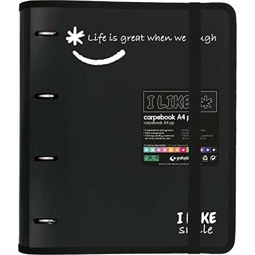 Grafoplás 88101810. Archivador 4 Anillas con Recambio, A4, Negro, Polipropileno Semirrígido, Incluye Separadores, Carpebook Like ⭐
