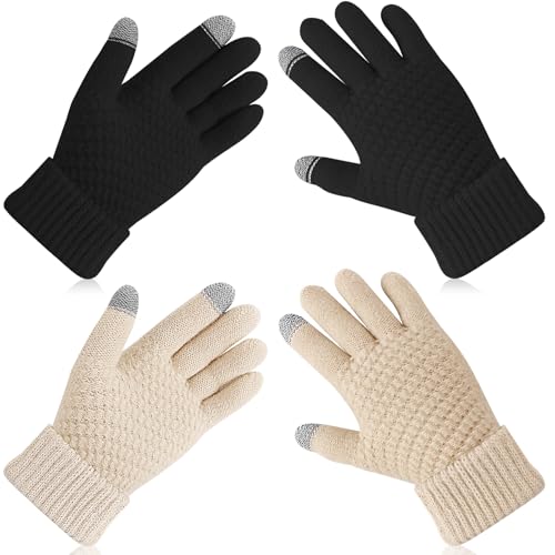 Image of 2 Pairs Womens Winter Gloves - Soft Warm Touch Screen Gloves, Elastic Cuff Knit Gloves for Cold Weather