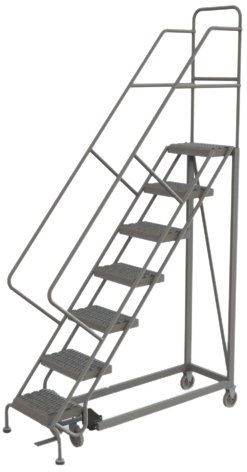 Image of Tri-Arc KDEC107162 7-Step Forward Descent Safety Angle Steel Rolling Industrial and Warehouse Ladder with Grip Strut Tread, 16-Inch Wide Steps