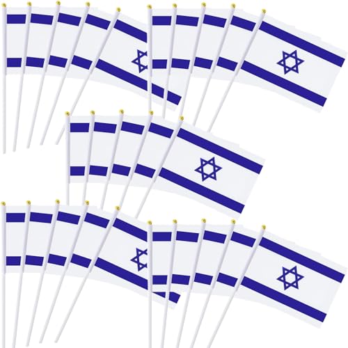 50 Pack Small Mini Flags On Stick DIY Hand Waving Flags and Banners Pennant Decoration for School Office Game Parade Sport Events, Festival Birthday Party Handheld Flags with Plastic Stick Gold Ball (Israel)