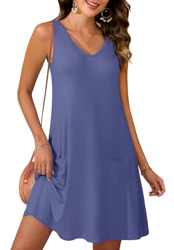 Actcat Sommerkleider Damen Ärmellos T-Shirt Strandkleid Leichte Lässige Taschen Boho Tank Kleid,Purple Gray,S
