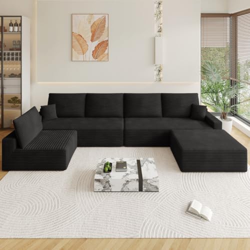 Image of Oversized Modular Sectional Sofa Couch, Large 6 Seater Corner Sofa Modern U Shaped Sectional Couch with Ottoman Cloud Couches for Living Room, Office, Spacious Space, Corduroy, No Assembly, Black