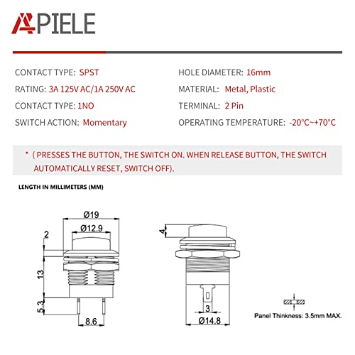 Apiele Momentary Push Button Switch R13-507 Spst 16Mm Round Switch 3A 250V/6A 125V Ac 2 Pin No With Pre-Soldered Wire 6Pcs (Red) #TOP1