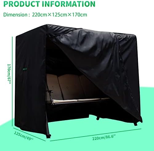 KINGARDEN 3 Seater Garden Swing Cover Waterproof 600D Oxford Fabric Garden Hammock Cover Outdoor Swing Seat Cover Windproof Rip Proof 220x125x170cm Black