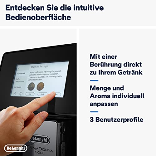 Foto von De'Longhi PrimaDonna Soul Perfetto ECAM 612.55.SB Kaffeevollautomat mit LatteCrema Milchsystem und Bean Adapt Technologie, 18 Rezepte, mit Farbdisplay- App-Steuerung, Silber/Schwarz