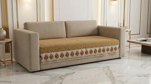 Image of Velvet Quilted Sofa Cover Mat Seat & Back, 2 Seater, L46in H32in, Gold Color,Anti Skid Backing, 6in Hanging Strap Design, Washable Soft, Anti Slip, Separate M, Style -Gold-S2