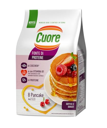 Immagine prodotto: Cuore - Pancake fonte di proteine. Confezione da 8 pancake soffici e dorati. Con Olio Cuore e Vitamina B1. Ideali per Colazione e Merenda