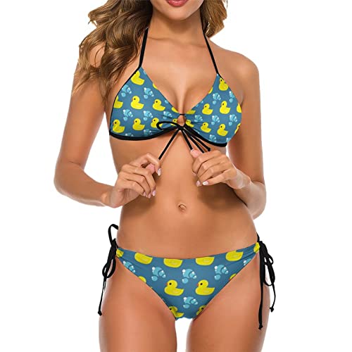 Women's Girls Ladies Yellow Rubber Ducky Ducks and Bubbles Halter Bikini Set Beach Padded Swimsuit with Bandage for Cruise, Hot Spring Bath2