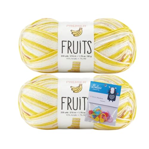 Premier Yarns Fruits, Acrylic Sock Yarn, 2-Pack Bundled with Bella's Crafts Stitch Markers (Banana)