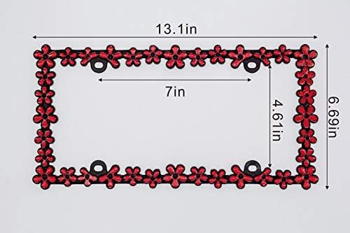 Creathome 3D Shining Daisy Wrenth License Plate Frame from Pure Zinc Alloy Metal Perfect Plate Holder,Matt Black with Red Glitter - Image 9