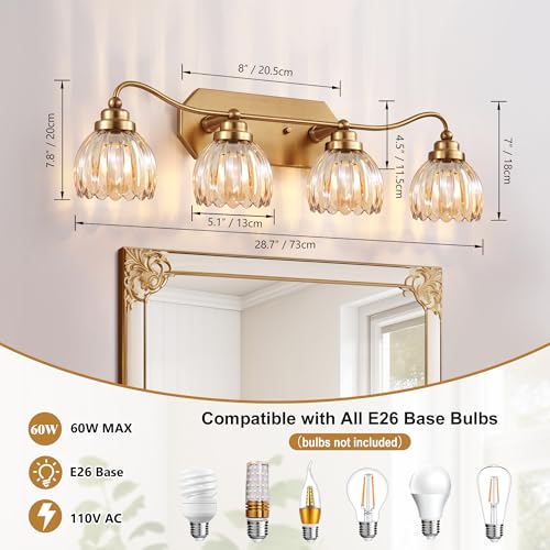 Image of Vintage Bathroom Light Fixtures, 4 Light Gold Bathroom Vanity Light, Matte Antique Brass Finish with Amber Crystal Glass Shade, Wall Sconces Lighting for Bedroom, Living Room(Amber-colored Glass)