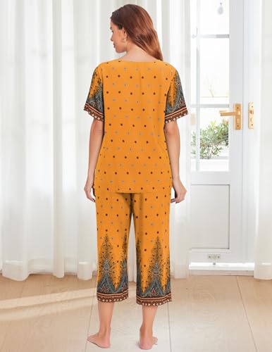 Image of Ekouaer Women's Capri Pajama Sets Short Sleeve Shirt and Capri Pants with Pockets Sleepwear Pjs Sets, X-Large, Floral Yellow