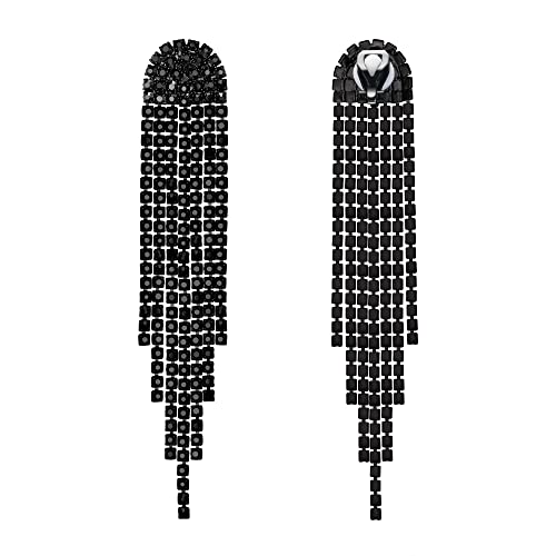 Brilove Clip-On Earrings Black Black-Tone Rhinestone Dangling For Women Fashion Long Chandelier Dangling Sparkle Crystal Tassel Dangle Drop Earring #TOP3