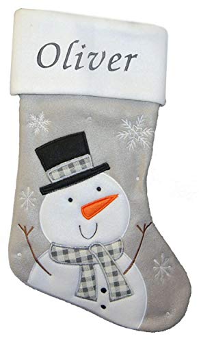 Kids Essentials Personalised Boys Girls Christmas Stocking Xmas Embroidered Novelty Stocking (Grey Snowman)